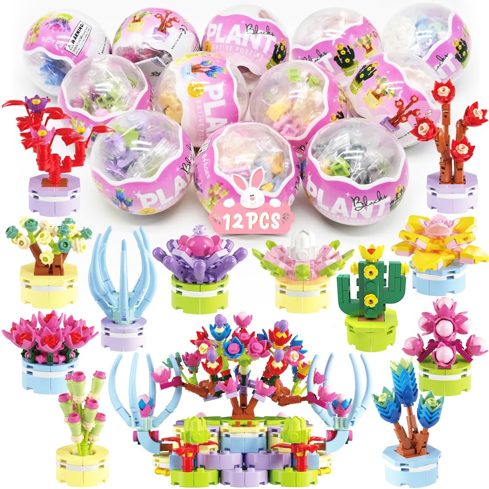 WODMAZ 12Pcs PreFilled Easter Eggs with Plant Building Blocks, Surprise Eggs Succulents Flower Toys for Kids Easter Eggs Hunt, Easter Basket Stuffers, Easter Party Favors, Easter Classroom Prize