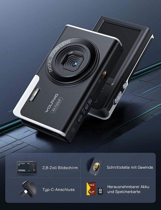 Digitalkamera, 4K Kinderkamera für Fotografie, 56MP kompakte Vlogging-Kamera, 16X Digitalzoom Fotoapparat Klein Einfache Bedienung, Autofokus Digitalkameras, Geschenk für Kinder Anfänger
