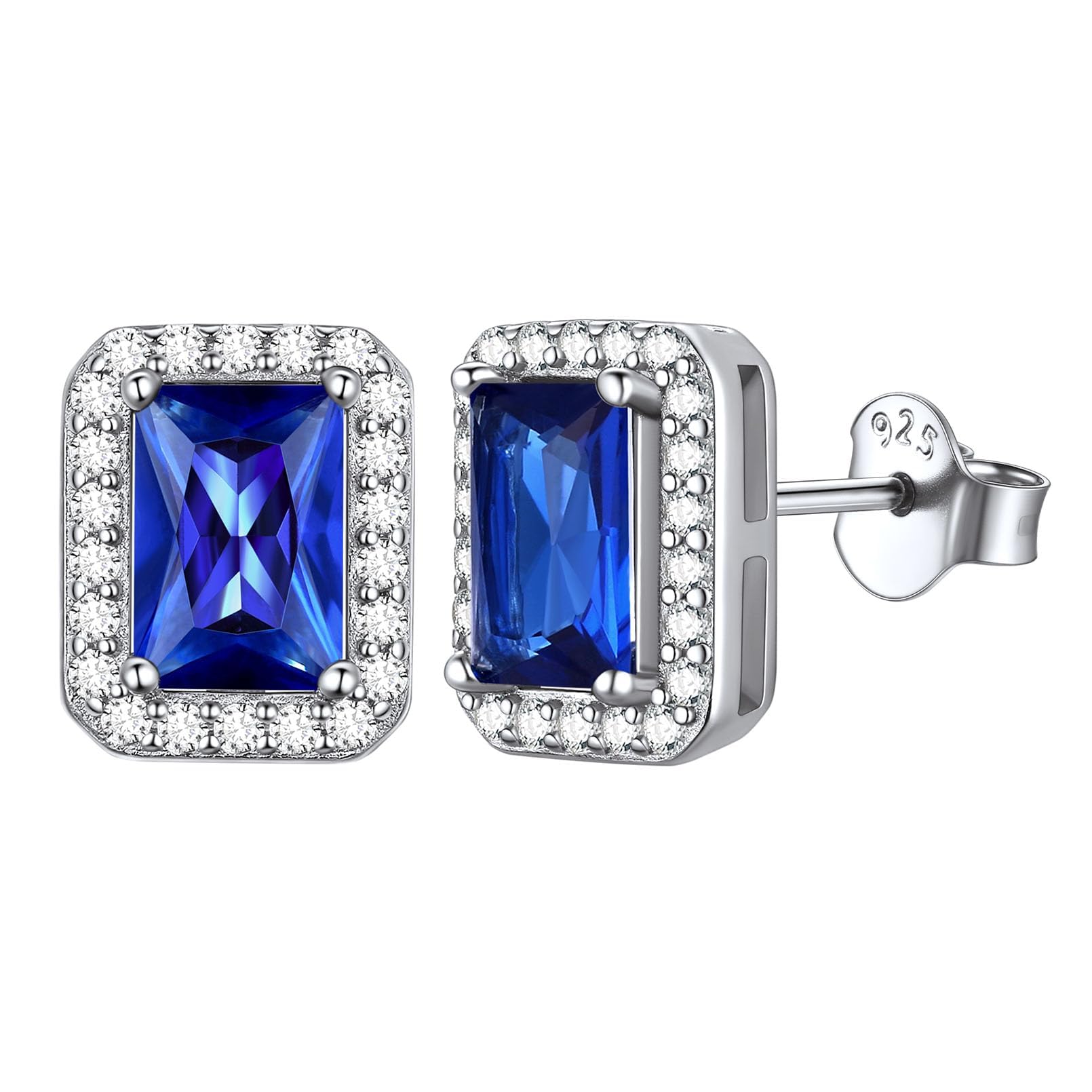 ChicSilver Silver Earring Stud for Women 925 Silver Blue Sapphire Earrings Princess Cut September Earring for Mom