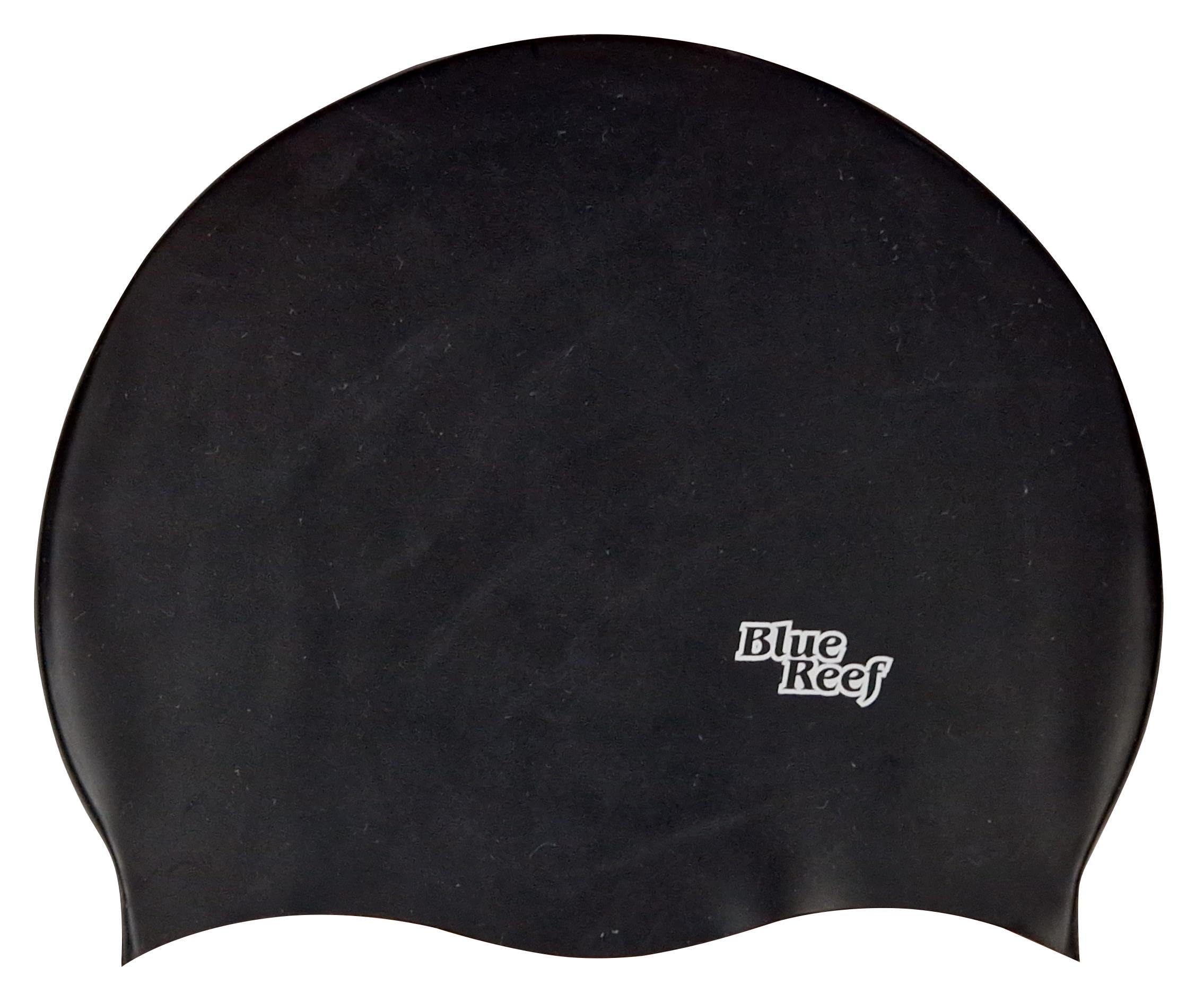 Blue Reef Stretchy Silicone Unisex Women Men One Piece Swimming Hat Swim Cap Plain Branded Fluo Dark Classic Colours One Size Adults 8+ Years Easy Pull On Swim Hat (Black)