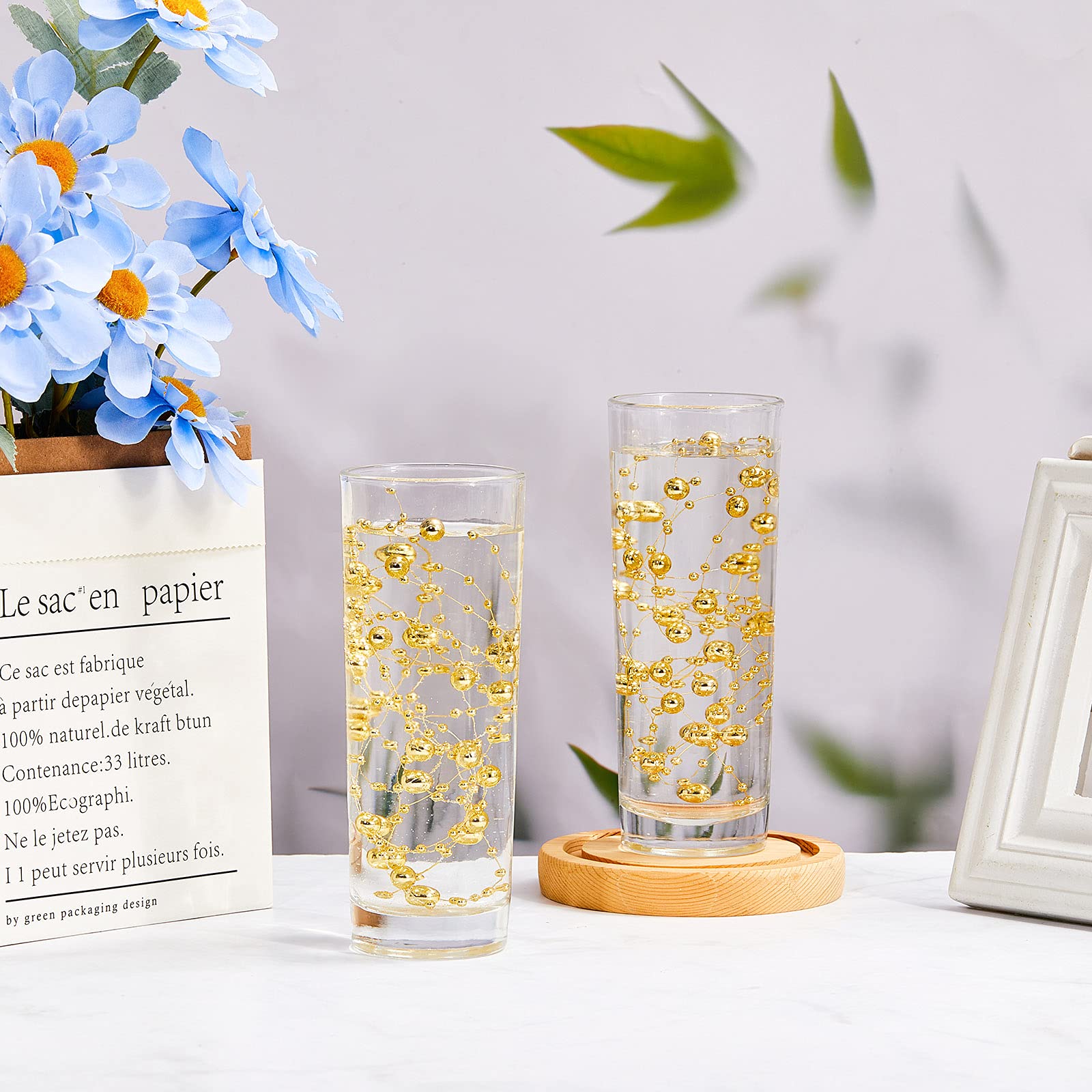 Tondiamo 24 Pcs Artificial Pearl String for Floating Candle Faux Pearls Beads String Party Garland Decoration for Vases Filler Wedding Centerpiece Christmas Party Decor(Gold)