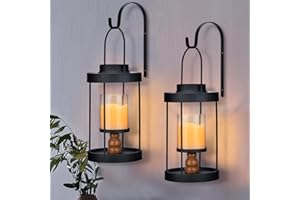 BAYN Metal Wall Sconce Candle Lantern Set of 2 - Black Wall Mounted Wood and Metal Hanging Holder with Glass & Candles Vintage Wall Decor for Porch, Living Room, Dining Room, Bedroom Indoor Decor