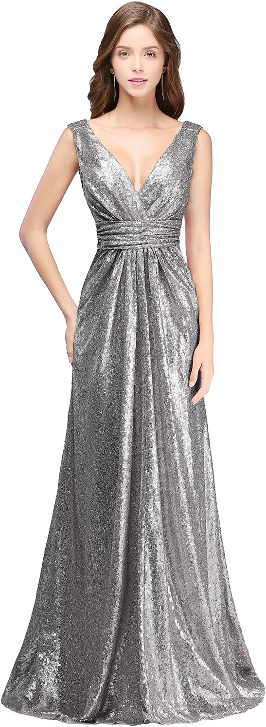 MisShow Women's V Neck Ruched Ruffle Long Sequins Bridesmaid Dress Prom/Evening Gowns