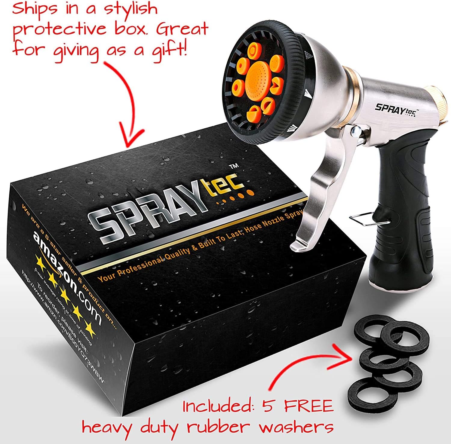 SprayTec Garden Hose Nozzle Sprayer – Heavy Duty Metal Spray Gun w/Pistol Grip Trigger. 9 Adjustable Patterns Best For Hand Watering Plants & Lawn, Car Washing, Patio, Dog & More. Leak Free Guarantee : Garden & Outdoor