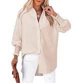 Women's Striped Button Down Shirts Long Sleeve Smocked Cuffed Oversized Boyfriend Blouses Collared Work No Pockets Tops
