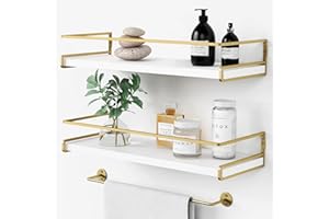 Forbena Floating Bathroom Shelves Wall Mounted, Aesthetic White and Gold Shelves for Bathroom Accessories, Modern Bathroom Organizer with Tower Bar for Wall Decor Storage Small Spaces, Set of 2