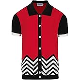 OXKNIT Men Knit Polo Shirts Short Sleeve Red Vintage Polo Shirt Casual Golf Shirts with Black White Wave