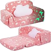 Foryoomi Extra Wide Kids Couch, Kids Sofa, Toddler Sofa, Glow in The Dark, 2-in-1 Soft Toddler Couch with Blanket and Pillow, Moon Style, Pink