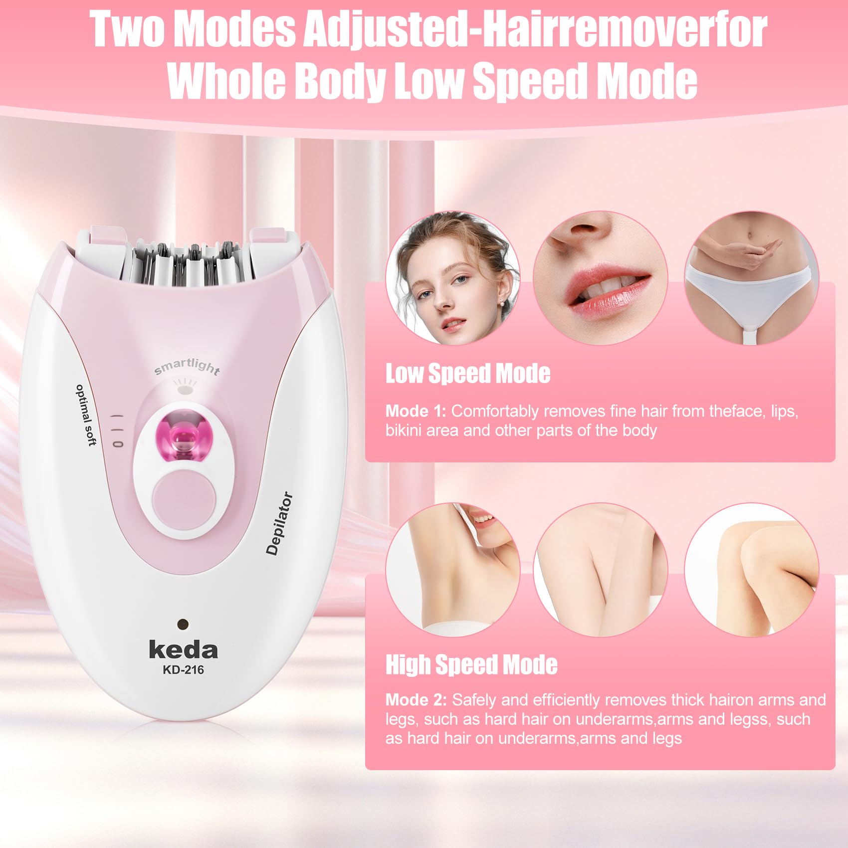 Epilators Hair Removal for Women, 2 Speed Hair Removal Device with LED Light, Rechargeable Trimmer for Epilator Bikini, Face, Arm, Legs, Armpits