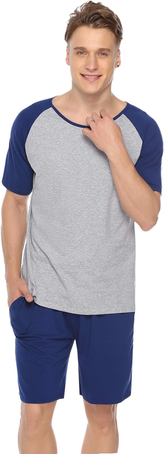 Aiboria Mens Summer Pajamas Set Cotton Short Sleeve Tops & Bottom