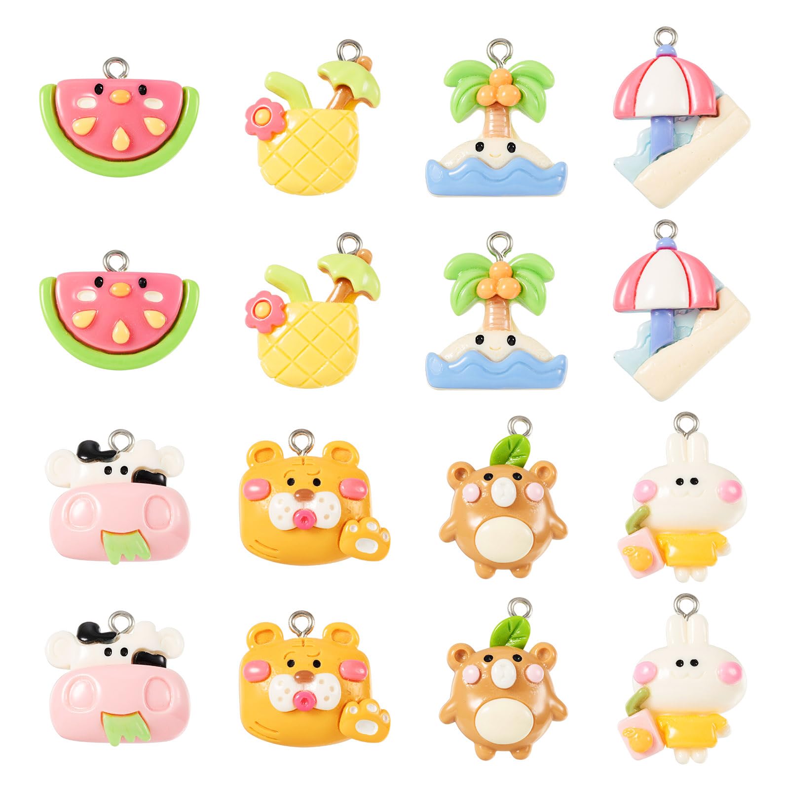 Crafans 16Pcs Kawaii Resin Pendants Rabbit/Tiger/Cartoon Cattle Animal Charms Lovely Coconut Tree Pineapple Watermelon Resin Dangle Charms for DIY Jewelry Making