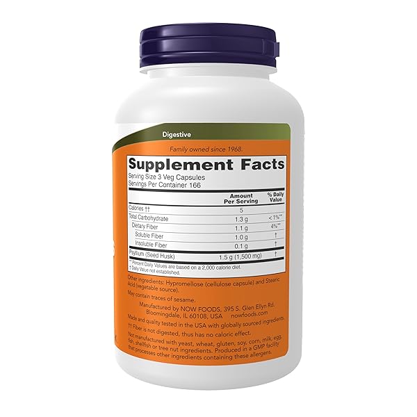 NOW FOODS SUPPLEMENTS, PSYLLIUM HUSK CAPS 500 MG, NON-GMO PROJECT VERIFIED, NATURAL SOLUBLE FIBER, INTESTINAL HEALTH*, 500 VEG CAPSULES