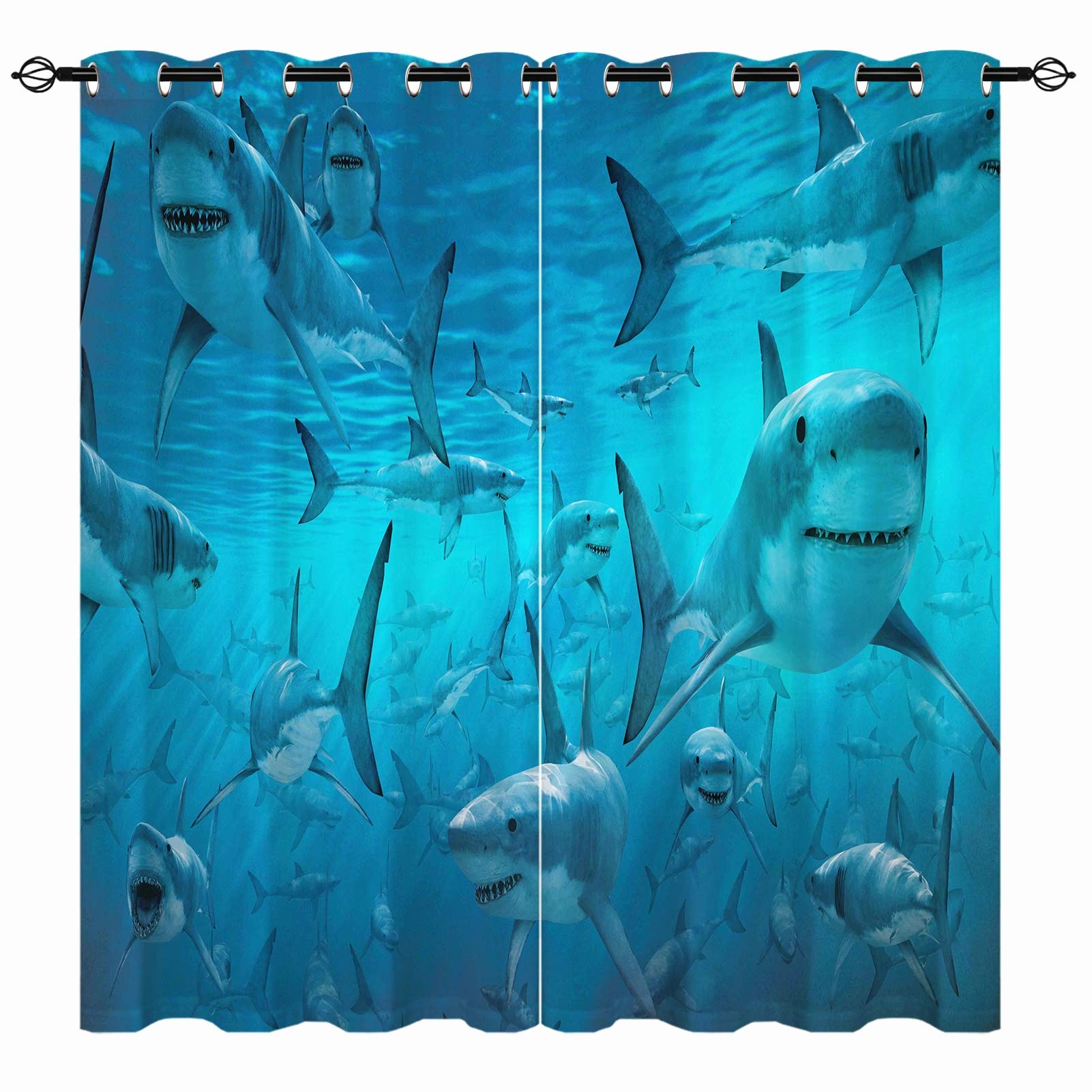 YUANZU Shark Curtains - Ocean White Shark in Deep Sea Underwater World Animals Print Pattern Eyelet Blackout Thermal Room Darkening Window Drapes for Bedroom Living Room 2 Panels W117cm x D137cm