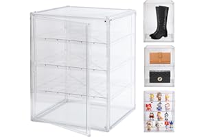 BOHOIDEE 3X-Large 4 Tiers 17.7"X13"X13" Acrylic Display Case with 3 Division Boards, Clear Organizer Box Plastic Holder with Magnetic Door for Handbags, Purses, Boots, Figures, Book