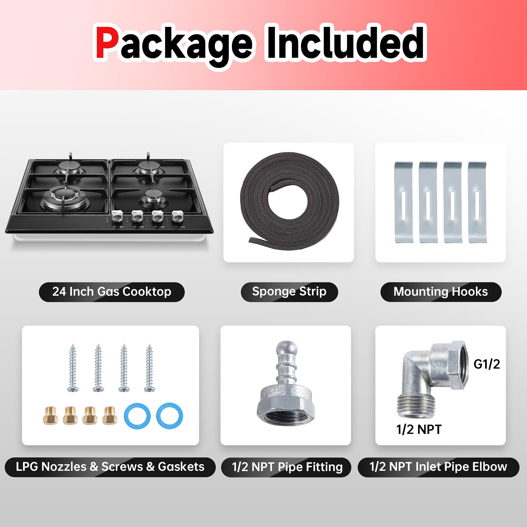 Gas Stove Top 24 inch Eascookchef, 24 inch Gas Cooktop 4 Burner, Bulit-in Stove Top NG/LPG Convertible, Upgrade Black Enamel Propane Cooktop with Thermocouple Protection