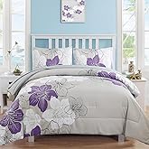 Luxudecor Floral Comforter Set Full Size Purple Floral Pattern Bedding Comforter Soft Microfiber 7 Pieces Bed in a Bag (1 Comforter, 2 Pillow Shams, 1 Flat Sheet, 1 Fitted Sheet, 2 Pillowcases)