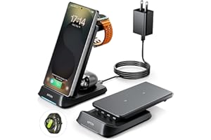 Kpon Wireless Charging Station for Samsung Apple Thick Cases of 10MM/Otterbox/Popsocket, Wireless Charger for Android iPhone Apple Watch Samsung Galaxy S25/24/Z Flip/Fold/Galaxy Watch Ultra/7/6