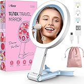 LitBear Travel Makeup Mirror with Lights, Rechargeable Double-Sided 10X/1X Magnifying Mirror, Portable Lighted Beauty Mirrors, 3 Color Lighting, Dimmable Touch Screen, Tabletop Handhold Hanging (Blue)