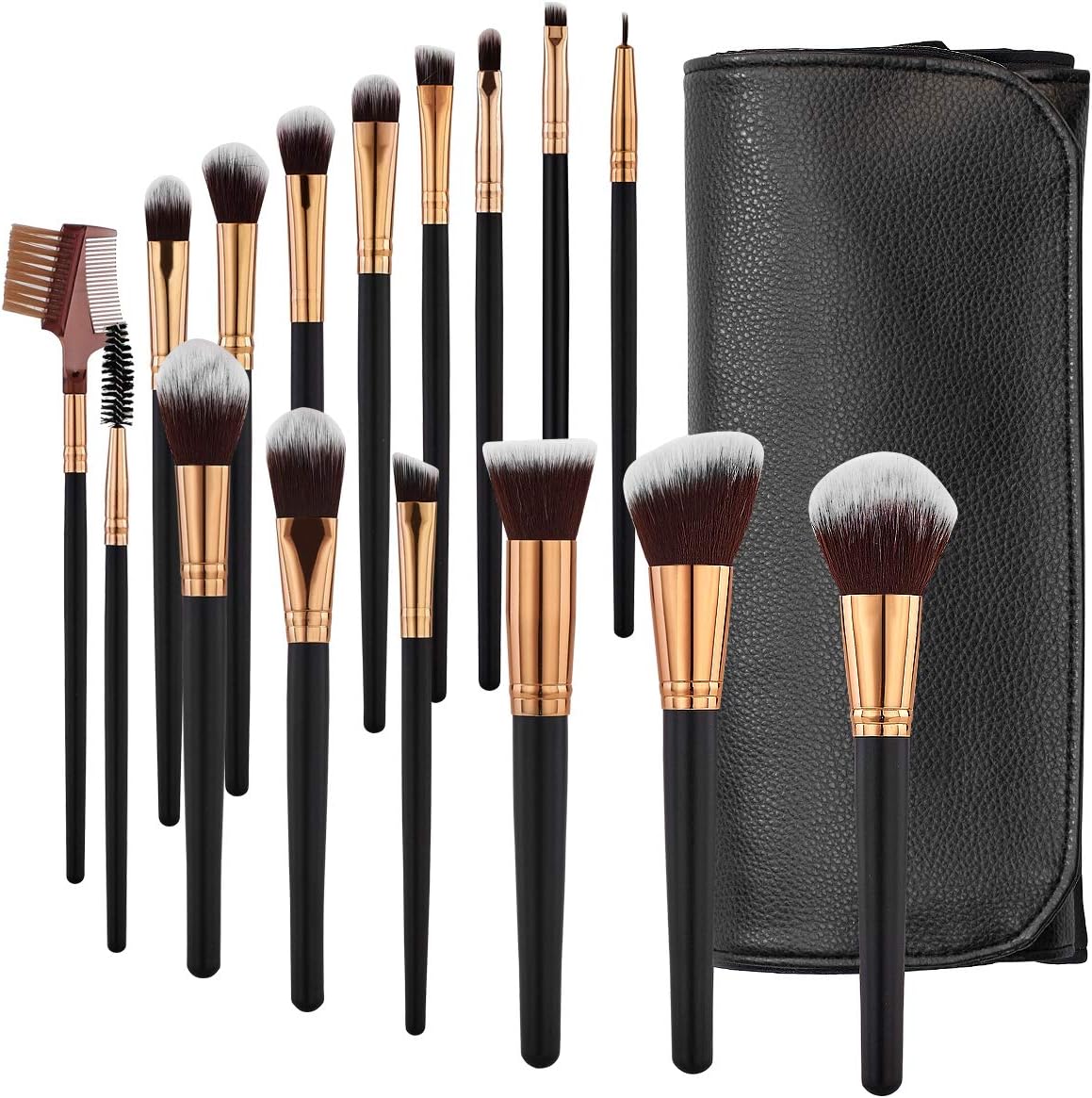 SOLVE Makeup Brushes 16 Pcs Premium Synthetic Foundation Blending Blush Concealer Eye Shadow Makeup Brush Set,Leather Travel Makeup bag Included, Black with Rose Gold