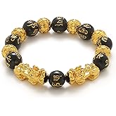 KINLNGEE Dual 24K Gold Plated Pixiu Feng Shui Obsidian Bracelet, Lucky Wealth Charm & Dragon Protection for Men/Women, Mantra Prayer Beads Bracelets, Protective Amulet Gift, Jewelry Gifts(10mm)