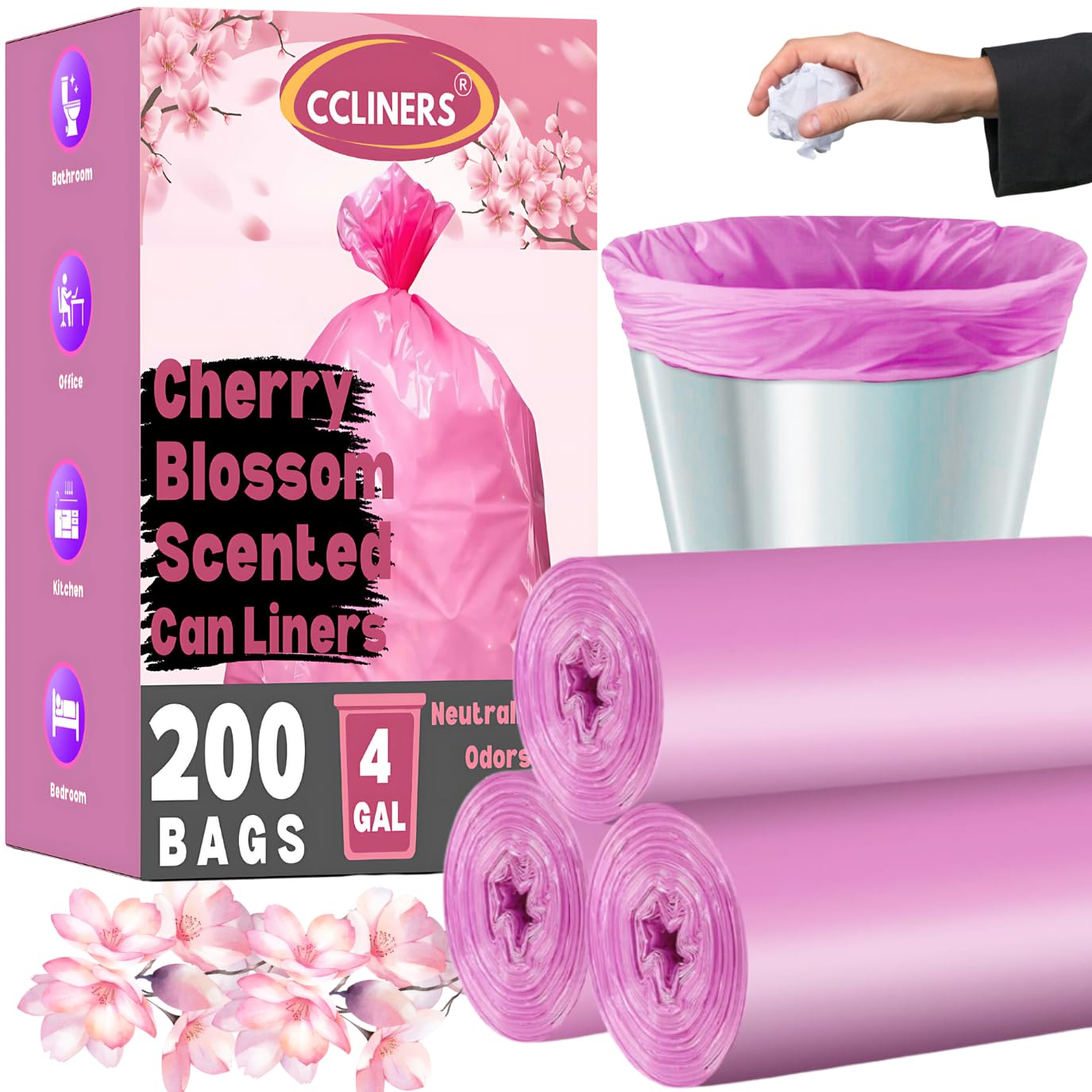 Photo 1 of 4 Gallon Small Trash Bags (200 Bags) Cherry Blossom Scented Bathroom Garbage Bags Wastebasket Can Liners for Home Office Bins (Cherry Blossom, 200 ct.)
