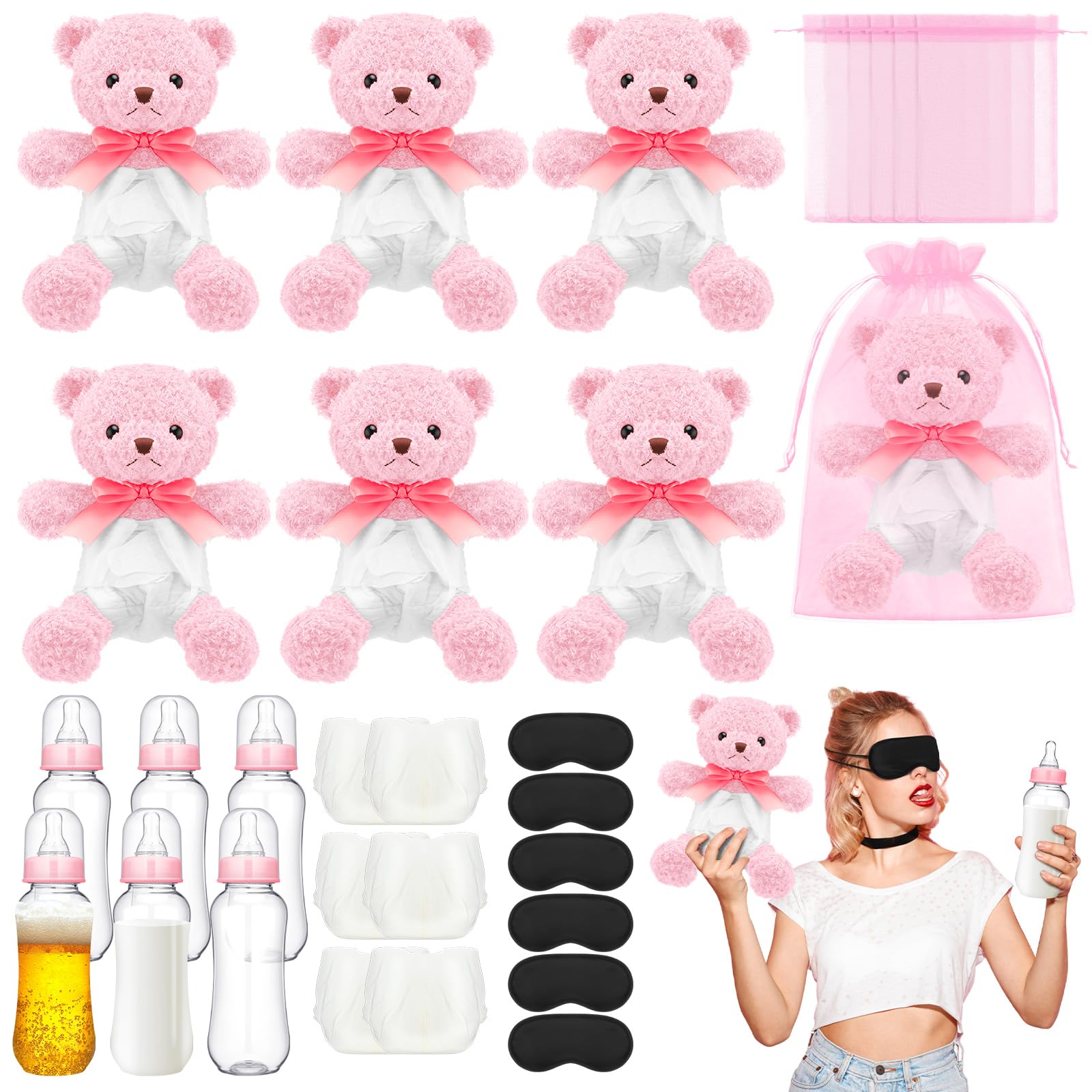 Photo 1 of Yearntown 36 Pack Bottle Chug Pink Baby Shower Games for Girl Bear Blindfolded Diaper Changing Games Kits Plastic Bottles Disposable Diapers Blindfold Eye Masks Bear Baby Shower Party Guest Gifts