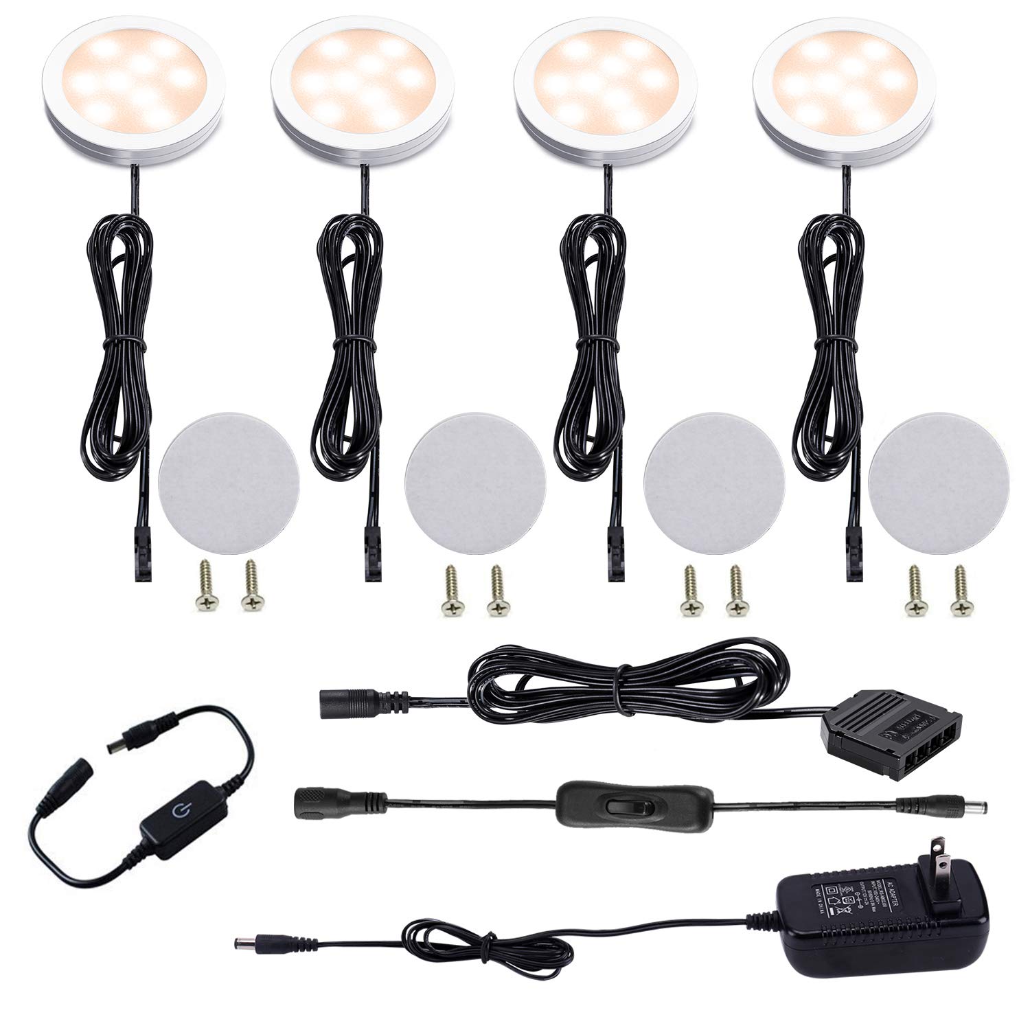Photo 1 of AIBOO Under Cabinet LED Puck Lights Kit with Touch Dimming Switch for Ambiance Atmosphere Night Lighting (4 Lights,Warm White)