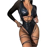 Women Rave Snakeskin Front Buckle Sheer Swimsuit Cut Out Bodysuit Clubwear