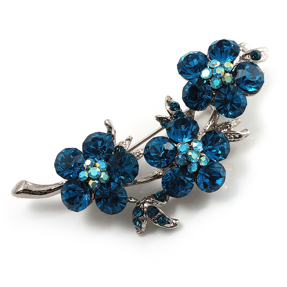 Diamante Floral Brooch (Silver&Azure)