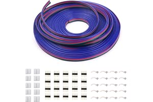 iCreating 100ft 4 Pin RGB Extension Cable Wire Cord for 5050 3528 Color Changing Flexible LED Strip Light with 10x Gapless LED Strip Connectors, 20x LED Strip Clips, 20x 4 Pin Male to Male Connector