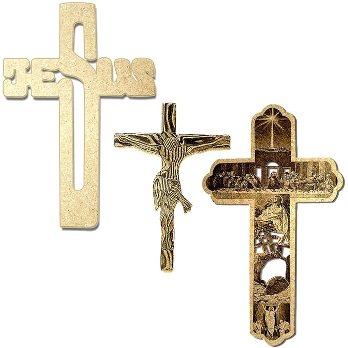 Incredible Gifts India Wooden Engraved Jesus Name on Cross for Christmas (Brown)-Set of 3