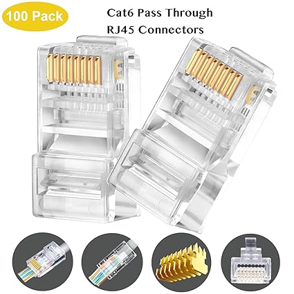 Rj45 Cat6 Pass Through Connectors 100 Pack Easy And Fast Termination Gold Plated 3 Prong 8p8c Modular Ethernet Utp Network Cable Plug End For Cat6