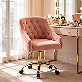 MOJAY Velvet Home Office Desk Chair, Vanity Chair with Wheels Pretty Fancy Gold 360&deg;Swivel Height Adjustable Office Chairs for Girls Home Offices, Bedrooms, Living Room (Pink)