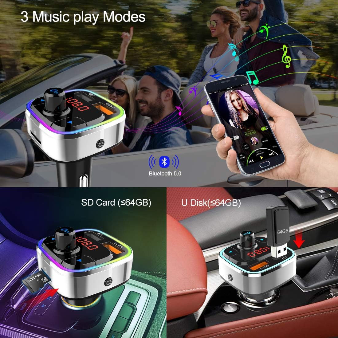 Bluetooth 5.0 Car FM Transmitter,QC3.0 Wireless Bluetooth Car Adapter Mp3 Music Player Car Kit with Hands-Free Calling and 2 USB Charge,LED Backlit,Play TF Card/USB for All Smartphones Audio Players: MP3 Players & Accessories