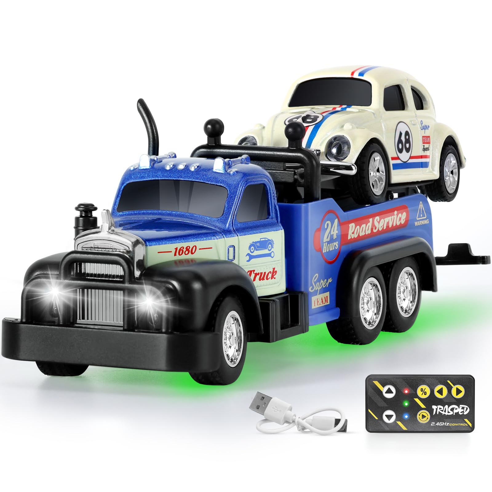 Photo 1 of haomsj Mini Rc Tow Truck Toy with Mini Metal Car Set 2PCS,City Service Vehicle Remote Control Tow Truck Toys for Kids Boys Gifts 3-5 4-7 8-12 Years Old, 1:64 Scale Cars Trailer Toy with Light(Blue)
