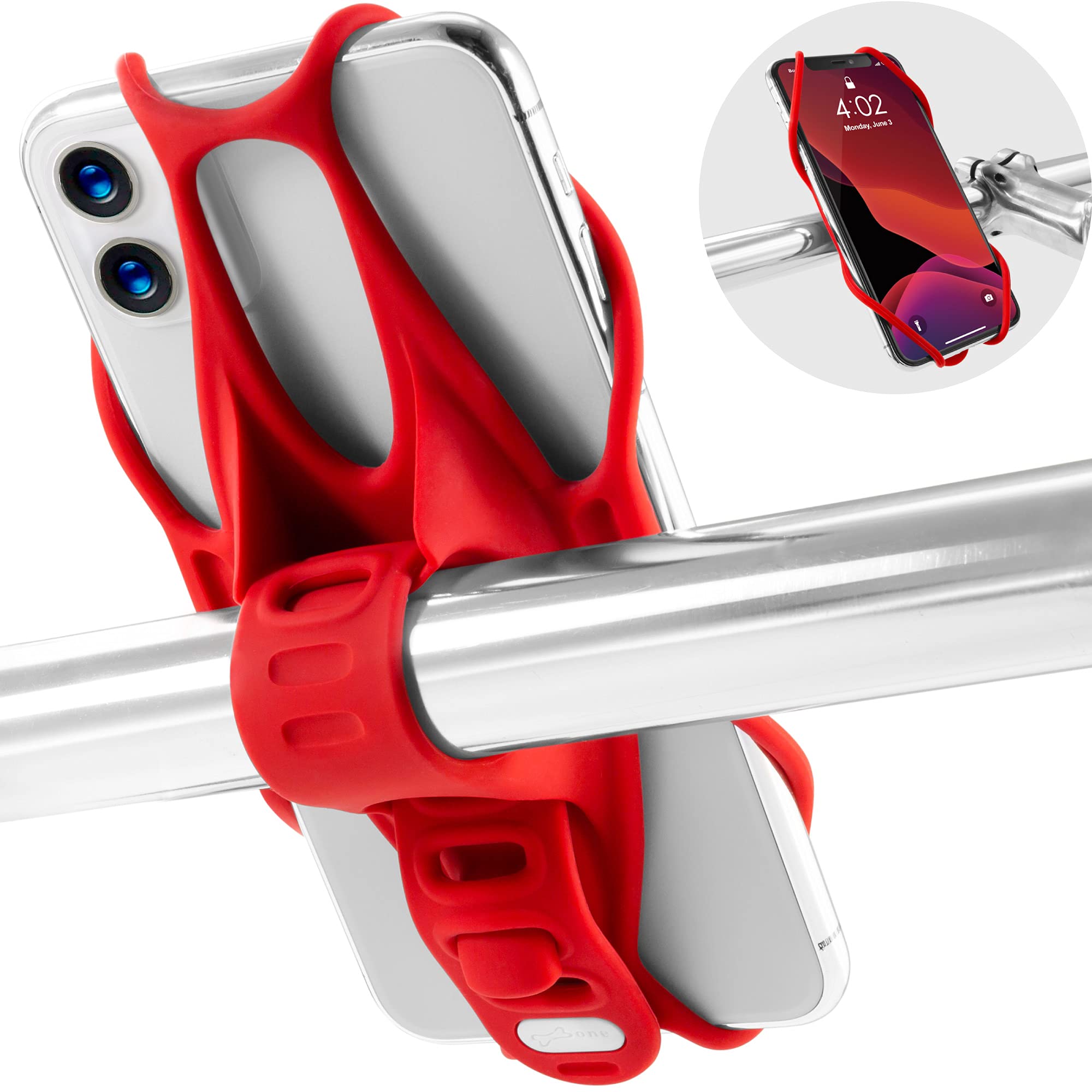 Bone Bike Tie 3, Silicone Phone Mount for Handlebar, Universal Cycling Cell Phone Holder for 5.8–7.2" Smartphones, Compatible with iPhone 16 15 14 13 Pro Max, Samsung (Red)