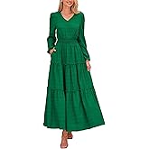 PRETTYGARDEN Women's Maxi Dress Casual Long Sleeve V Neck Smocked Waist Tiered Ruffle Flowy Cocktail Pocket Dresses
