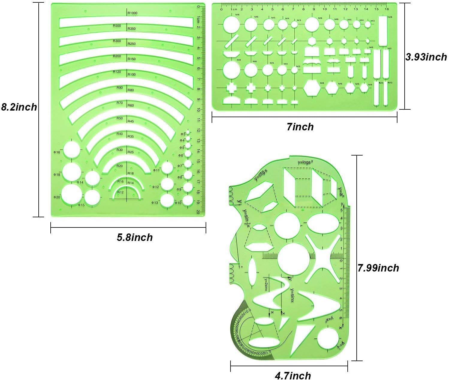 Petift 6 Pieces Geometric Drawings Templates, Plastic Measuring Templates, Measuring Templates Building Formwork Stencils Geometric Drawing Rulers for Office, School, Designing and Building, Clear Green