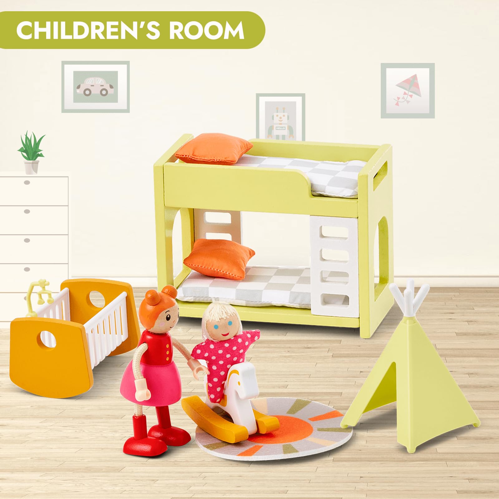 Giant bean 85pcs Wooden Plastic Dollhouse Furniture Set for 6 Rooms, Modern Dollhouse Accessories Pretend Play Furniture Toys for Boys Girls Toddlers & Kids 3 4 5 6 7 Years and up