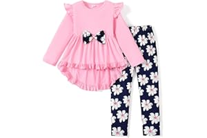 PATPAT Toddler Kids Girls 2Pcs Clothes Set Bowknot Design Ruffle Hem Long Sleeve Top and Floral Print Pant Outfits