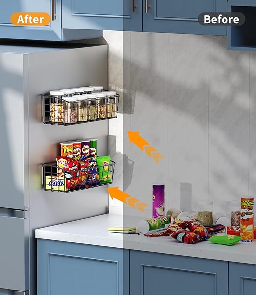 2PCS MAGNETIC SHELF FOR REFRIGERATOR, VERSATILE MAGNETIC BASKET FRIDGE WITH 2 HOOKS FOR KITCHEN STORAGE, FRUIT POTATO ONION STORAGE SHELVES, LARGE MAGNETIC SPICE RACK ORGANIZER FOR FRIDGE OVEN LAUNDRY