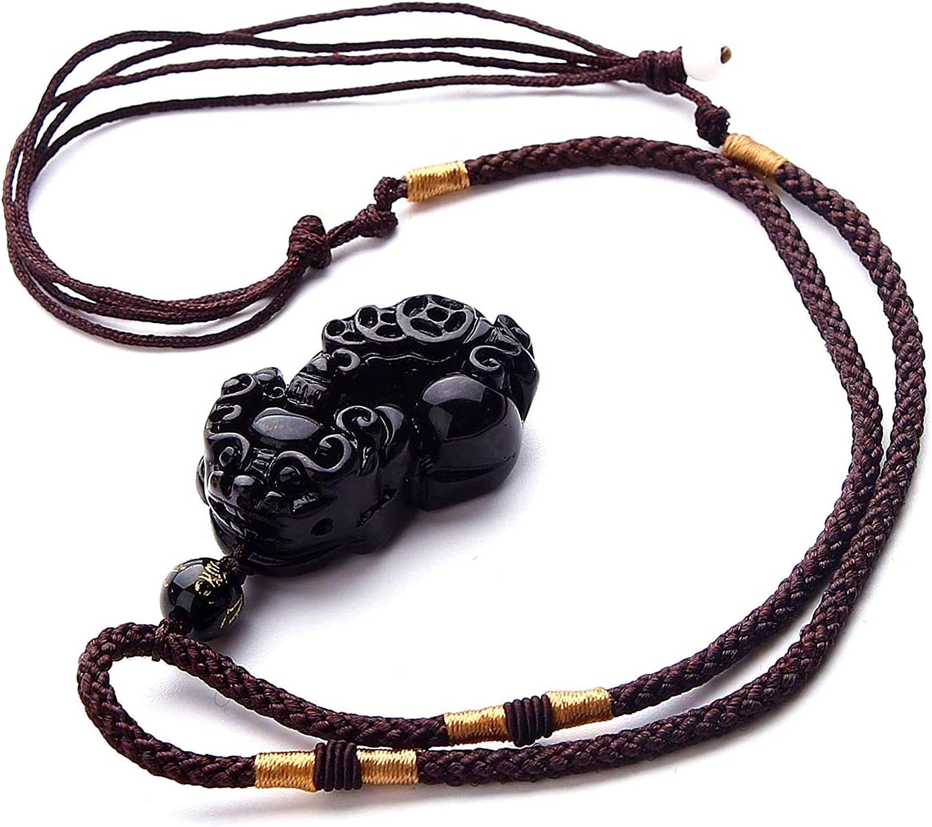 Natural Black Obsidian Pendant Necklace Jewelry for Women Man Pi Xiu/Pi Yao Statue, Obsidian Pixiu Engraving Beads Adjustable Rope