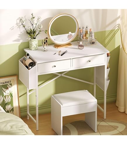 Small Vanity Desk For Kids - 31.5 Inch Makeup Table With 2 Drawers, White & Gold, Fits Narrow Spaces - View #11