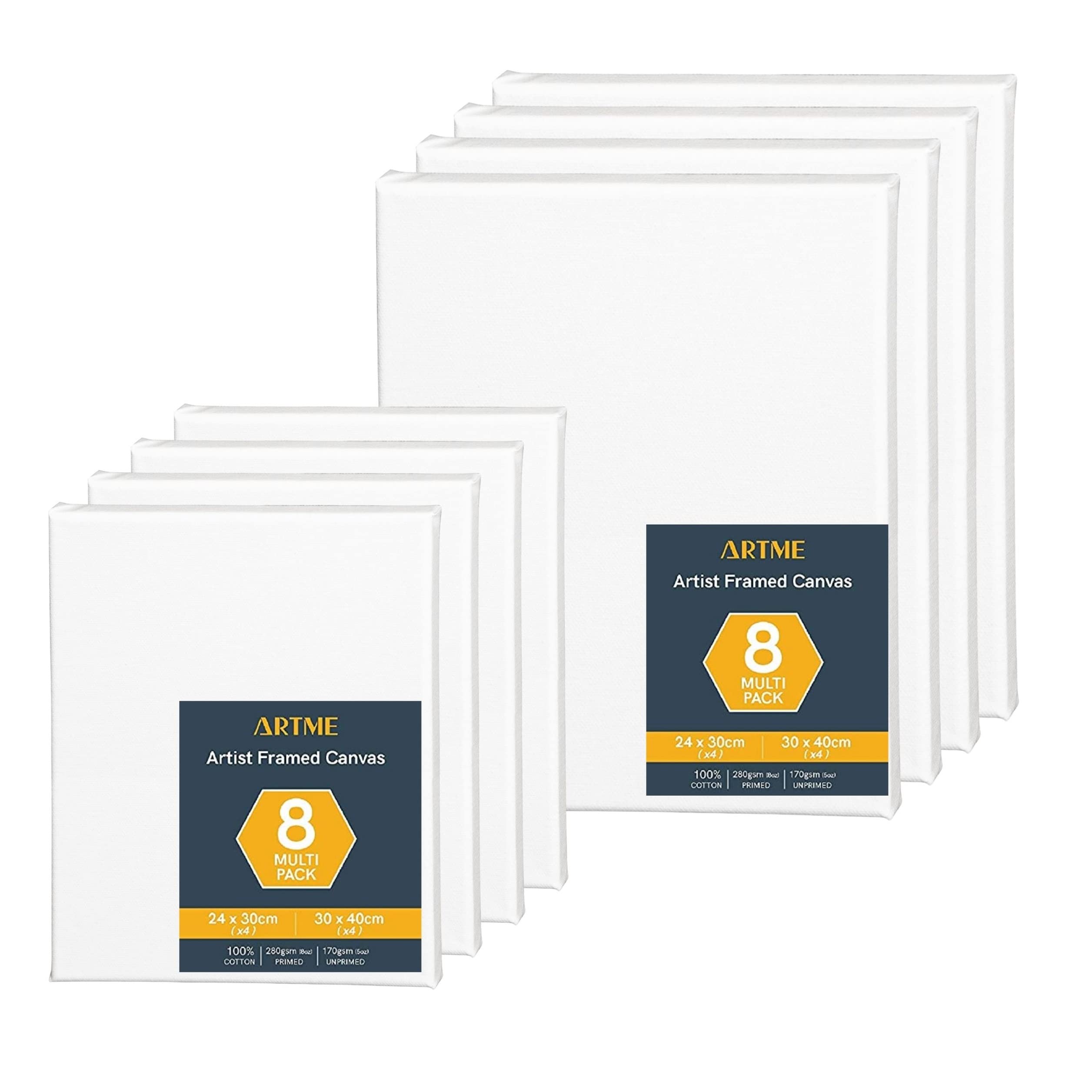 Artme Pre-Stretched Canvas 8pcs - 24x30CM-4pk & 30x40CM-4pk -Assorted Artist Framed Canvas/ 280GSM/100% Cotton/Blank/Triple Primed/Acid Free/Medium Grain/ 1.7cm - Acrylic/Oil