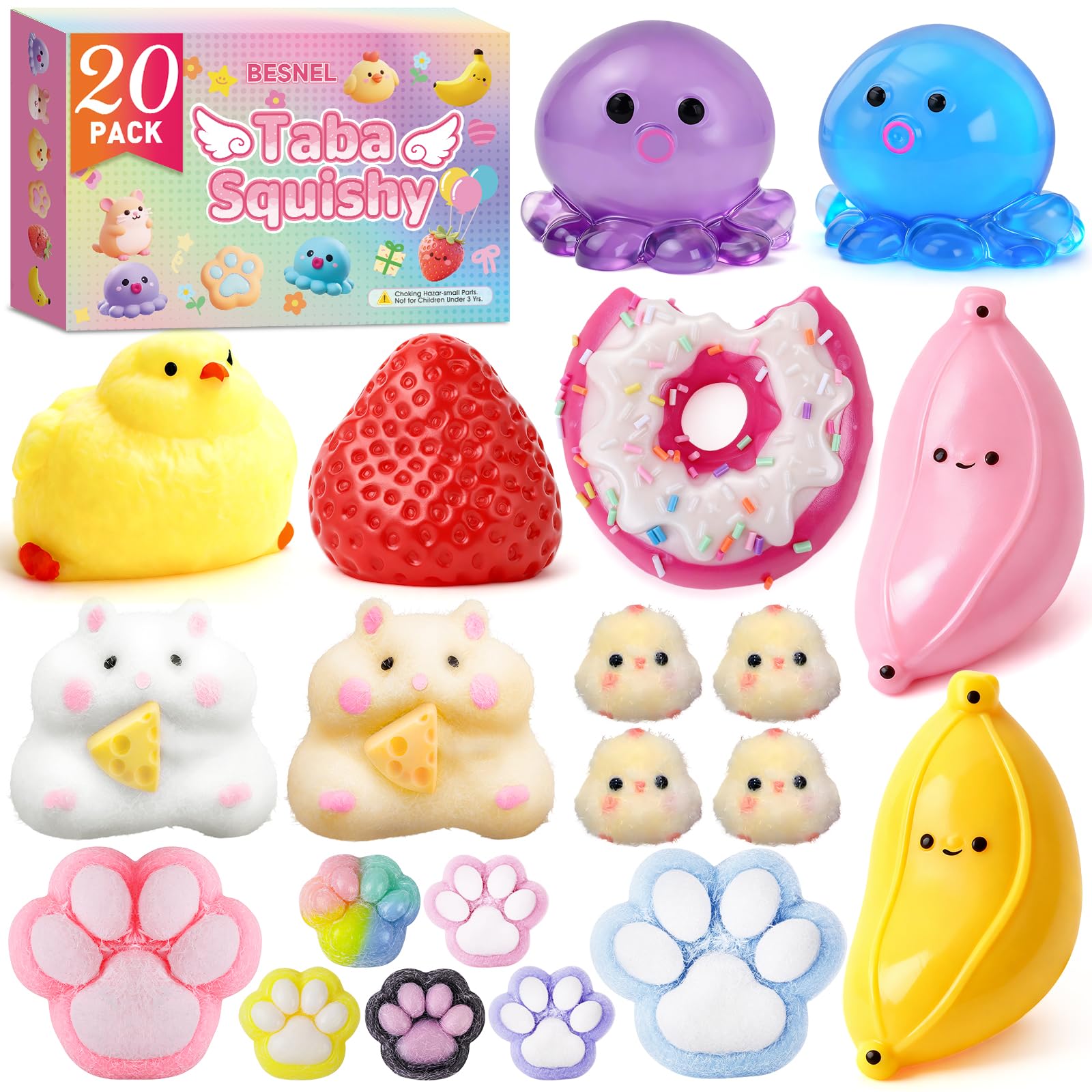 Photo 1 of 20Pcs Taba Squishy Pack Fidget Toys, Include Squishies Chick, Cat Paws, Hamster, Strawberry Toys, Sensory Toys for Kids, Classroom Birthday Gifts, Goodie Bag Stress Relief Toys (11big+9small)
