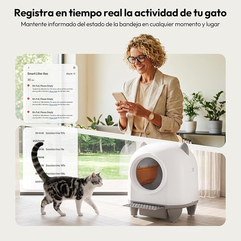 Arenero Gatos Autolimpiable Grande, 90L Gran Capacidad Arenero Automatico Gatos, Equipado con Sistema de 6 Seguridad, Compatible con Control App, Función Mejorada Eliminación Olores