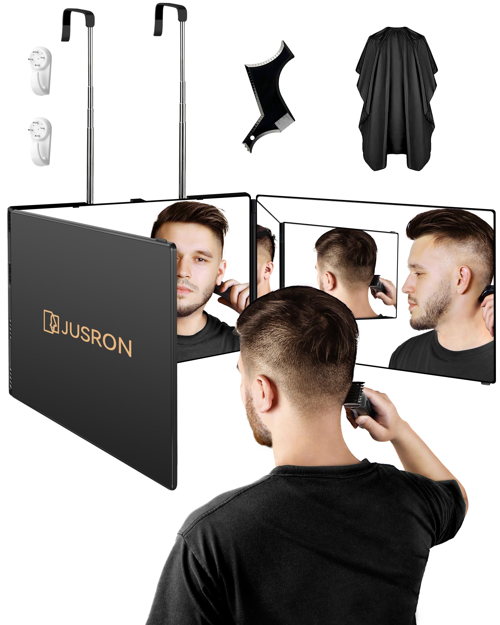 Photo 1 of JUSRON 360 Viewing Angle Self Hair Cutting Mirror, Clear Anti-Fog HD Glass (Black Without LED with Accessories)