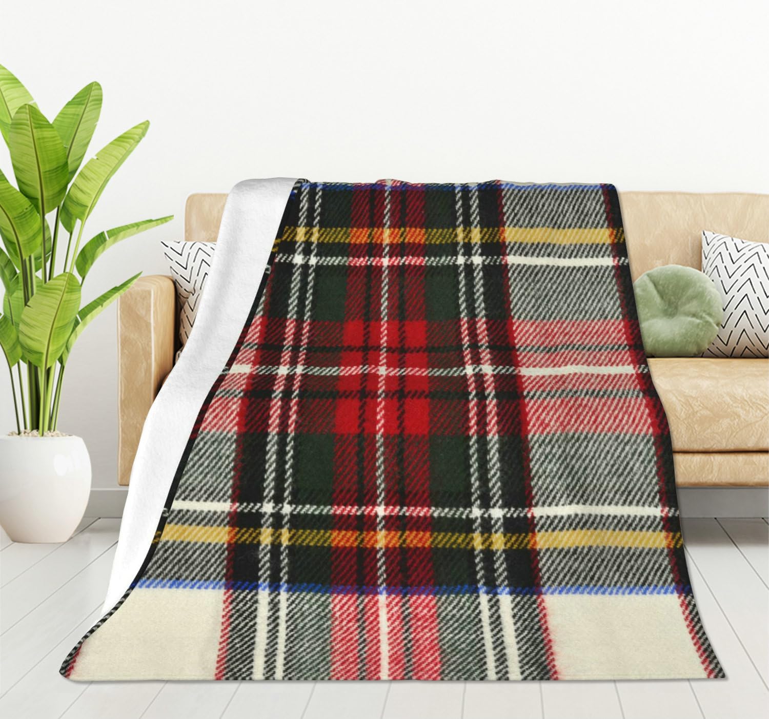 HGOD DESIGNS Scottish Tartan Red and White Wool Plaid Pattern Flannel Fleece Bed Blanket Throw Blanket Lightweight Cozy Plush Blanket for Bedroom Living Rooms Sofa Couch 130x150cm