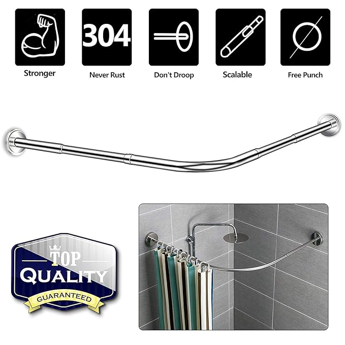 NiUB5 Curved Shower Rod,L Shaped,Corner Shower Curtain Rods,Adjustable