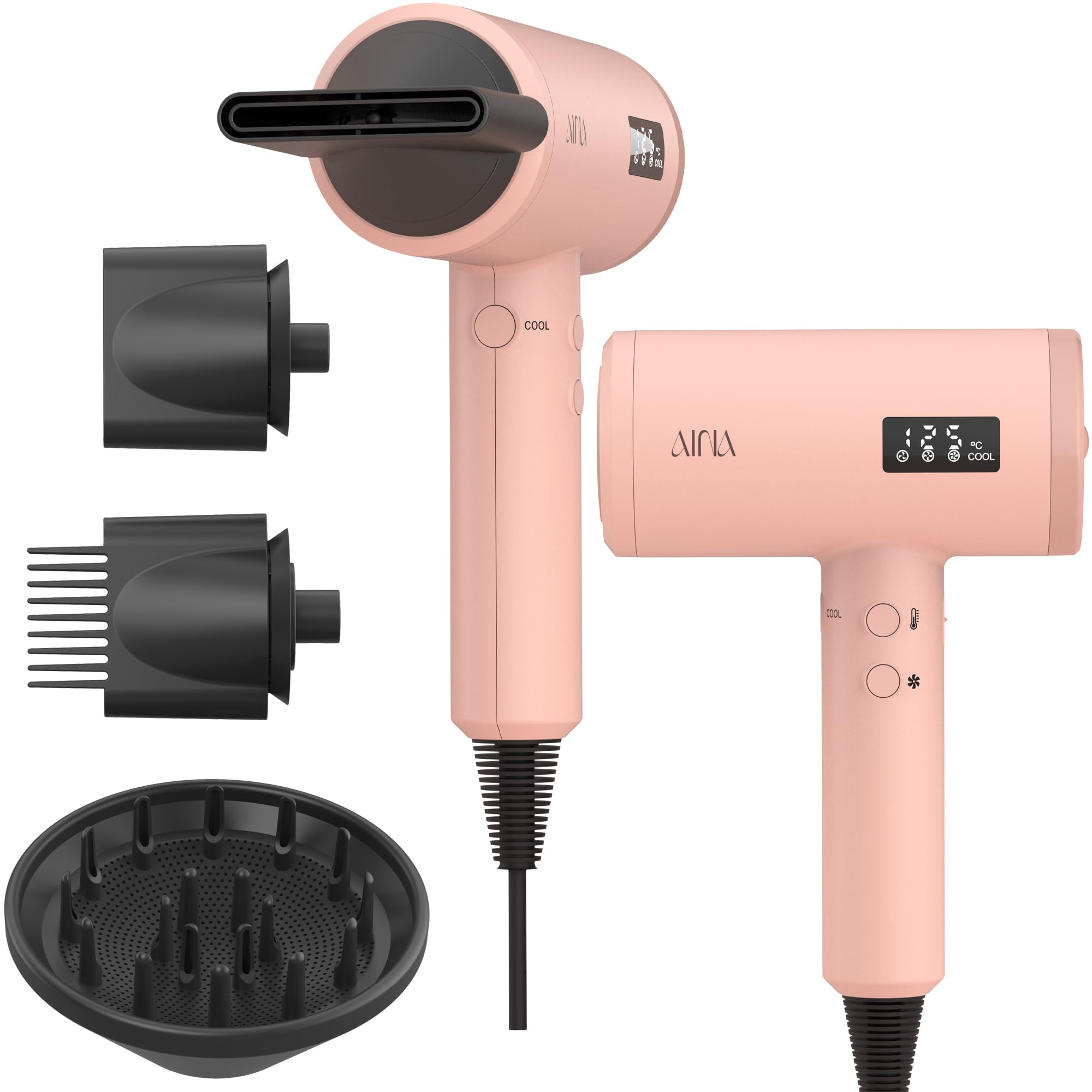 Photo 1 of AINA Professional Salon Hair Dryer,2000W Blow Dryer with Diffuser Brush Comb for Women-BLDC Hair Dryer-Brushless Motor 150,000 RPM,Ionic,LED Display,4 Magnetic Attachments 110V/ALCI (Baby Pink)